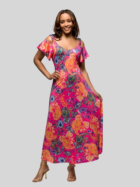 Pink Paisley Cold Sholder Ruffle Sleeve A-Line Maxi Dress