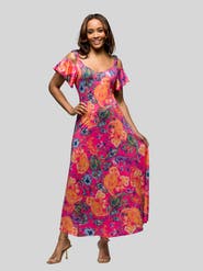 24seven Comfort Apparel Pink Paisley Cold Sholder Ruffle Sleeve A-Line Maxi Dress