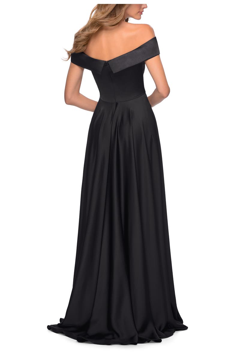 La Femme Satin Off the Shoulder Evening Dress with Pockets, Alternate, color, Black