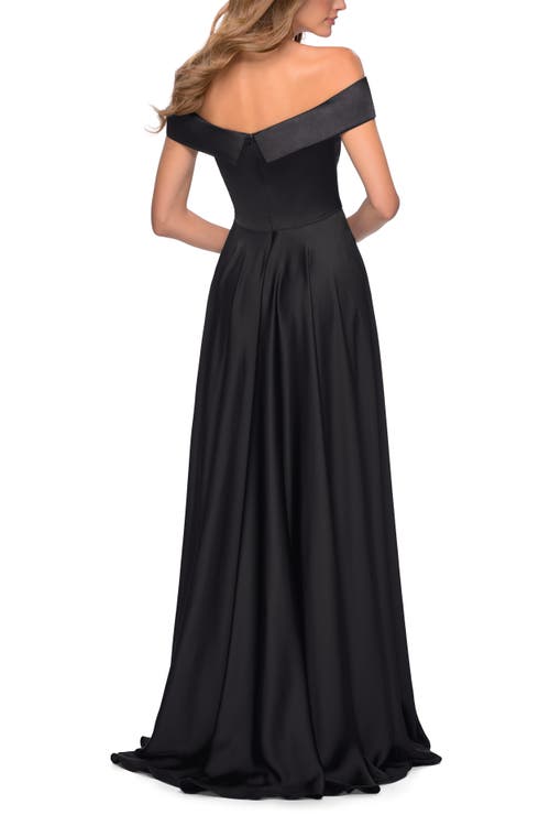 La Femme Satin Off The Shoulder Evening Dress With Pockets In Black