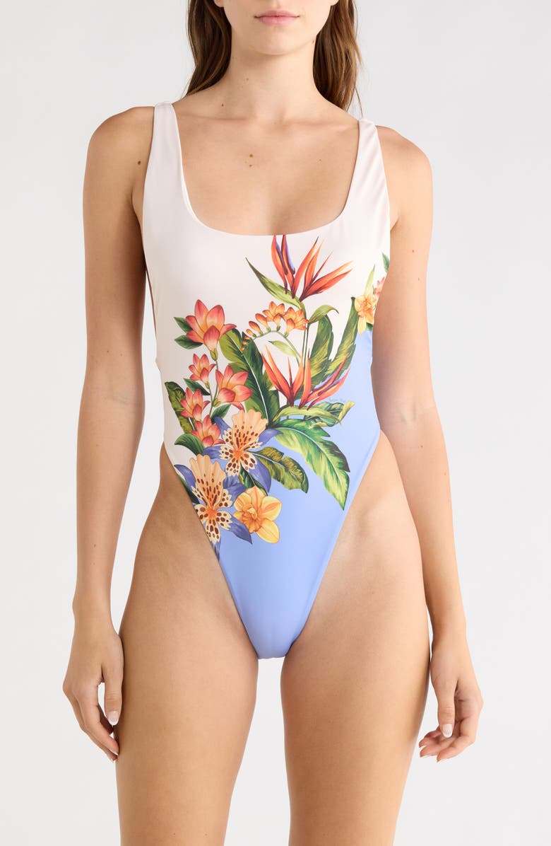 FARM Rio Hilo Floral One-Piece Swimsuit, Main, color, Hilo Stripes Light Blue