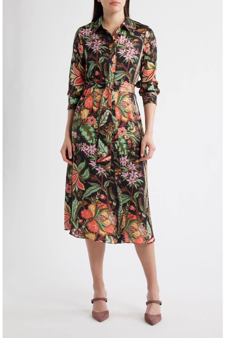 Floral Long Sleeve Midi Shirtdress, Main, color, BLACK RED