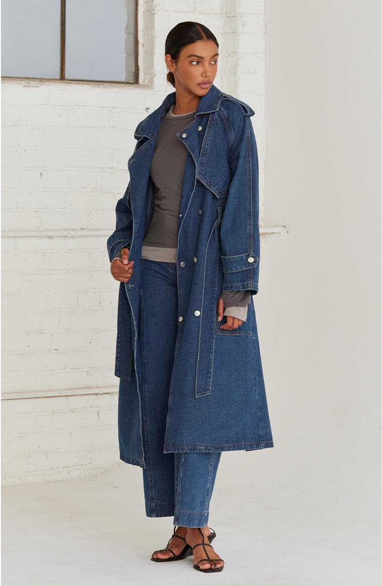 CRESCENT Blue Denim Long Trench Coat, Alternate, color, 