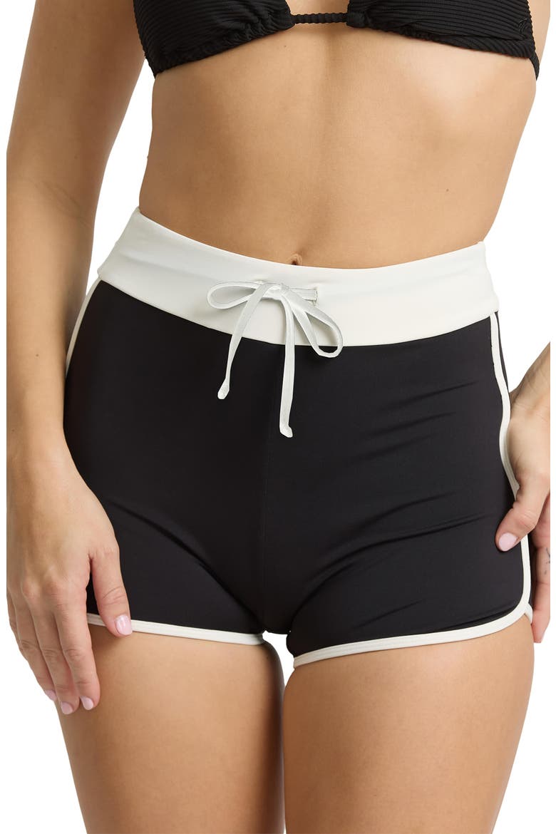 High Tide Drawstring Swim Shorts, Alternate, color, BLACK PEBBLE
