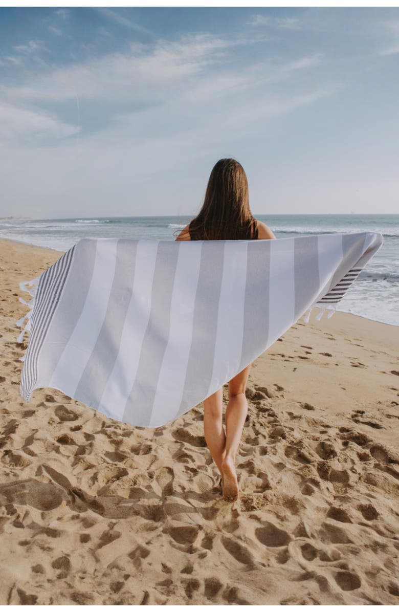 InfuseZen Marine Striped Organic Turkish Towel with Soft Terry Cloth Lining, Alternate, color, Grey And Black