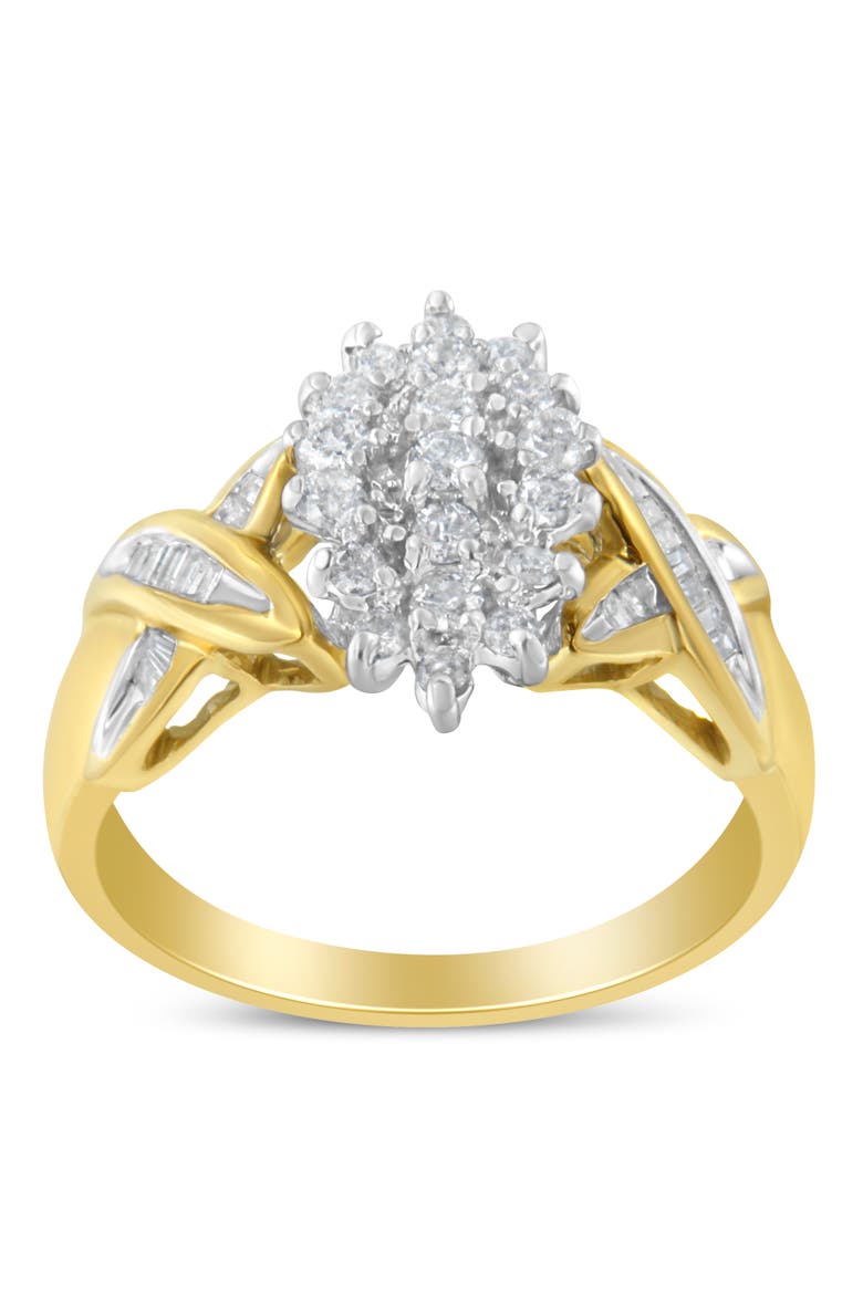 10K Two-Toned Round Baguette 1/2 Cttw Diamond Cluster Ring, Alternate, color, Yellow Gold
