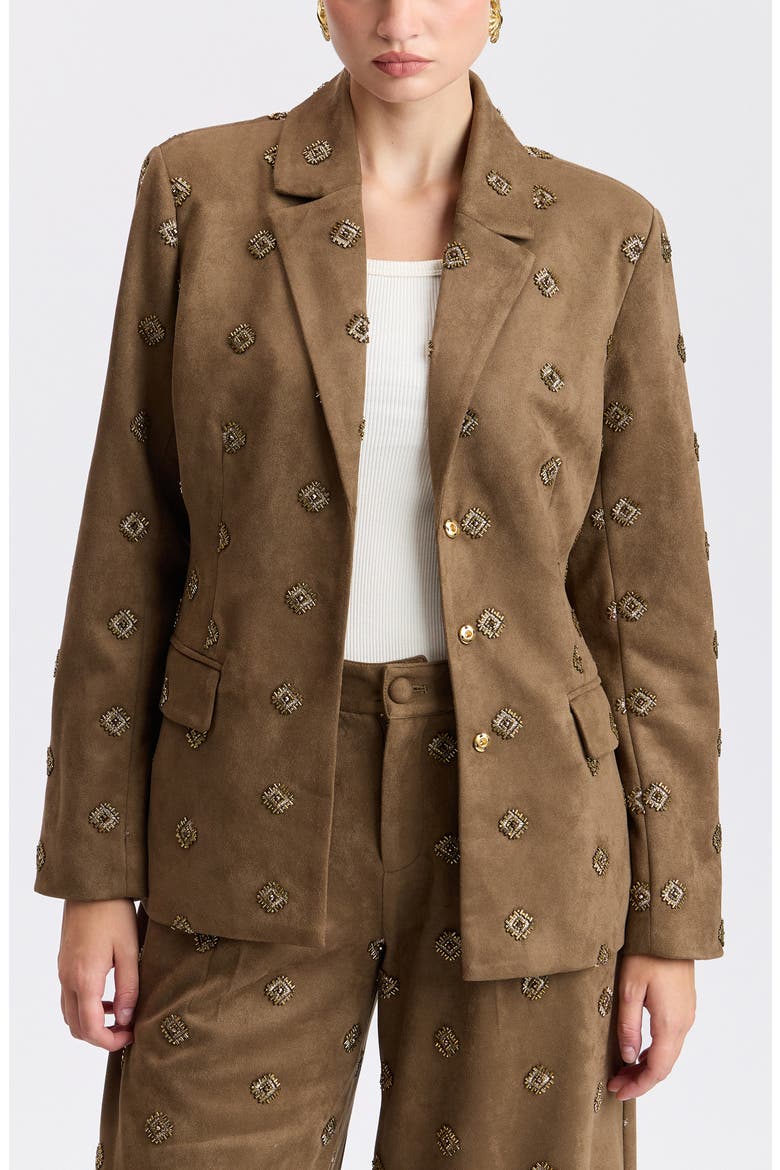 Embellished Hourglass Faux Suede Blazer, Alternate, color, BROWN JEWELS