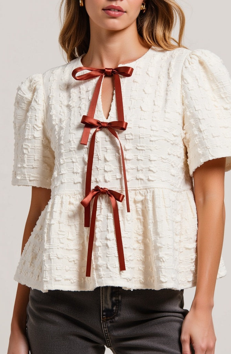 Modenaire Textured Puff-Sleeve Peplum Blouse with Bow-Tie Front, Alternate, color,