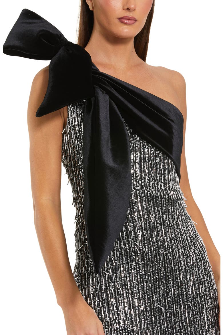 One Shoulder Embellished Sequin Gown With Bow, Alternate, color, Black Silver