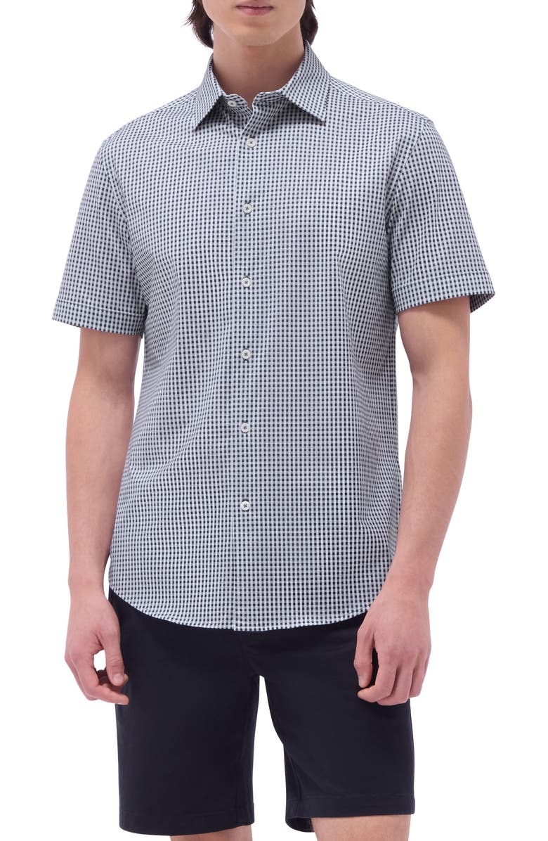 Bugatchi Miles OoohCotton<sup>®</sup> Gingham Short Sleeve Button-Up Shirt, Main, color, Black