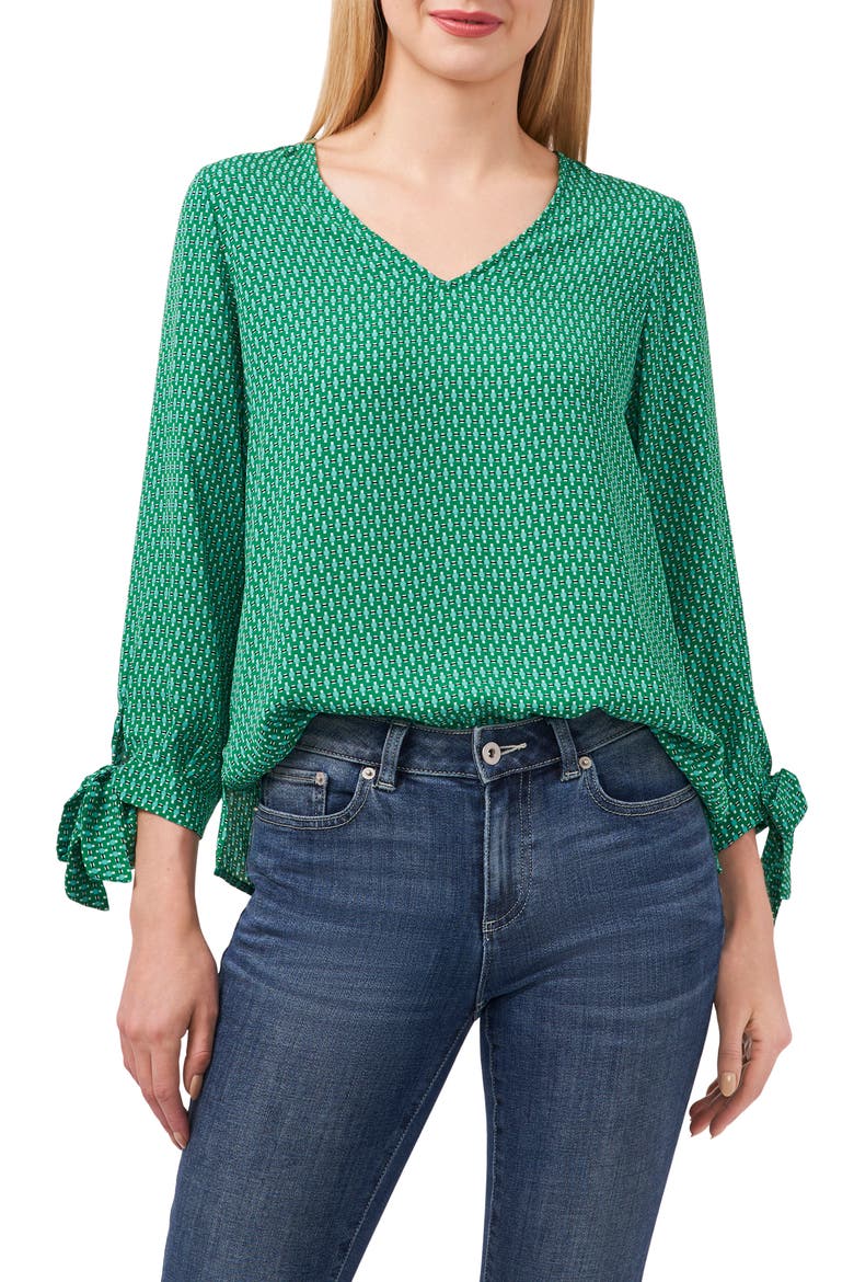 Geo Print Tie Sleeve Top, Main, color, LUSH GREEN
