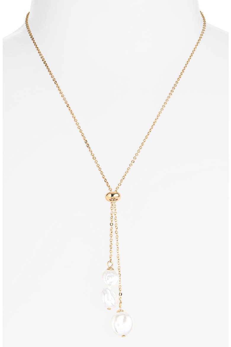 Faux Pearl Lariat Necklace, Alternate, color, WHITE- GOLD