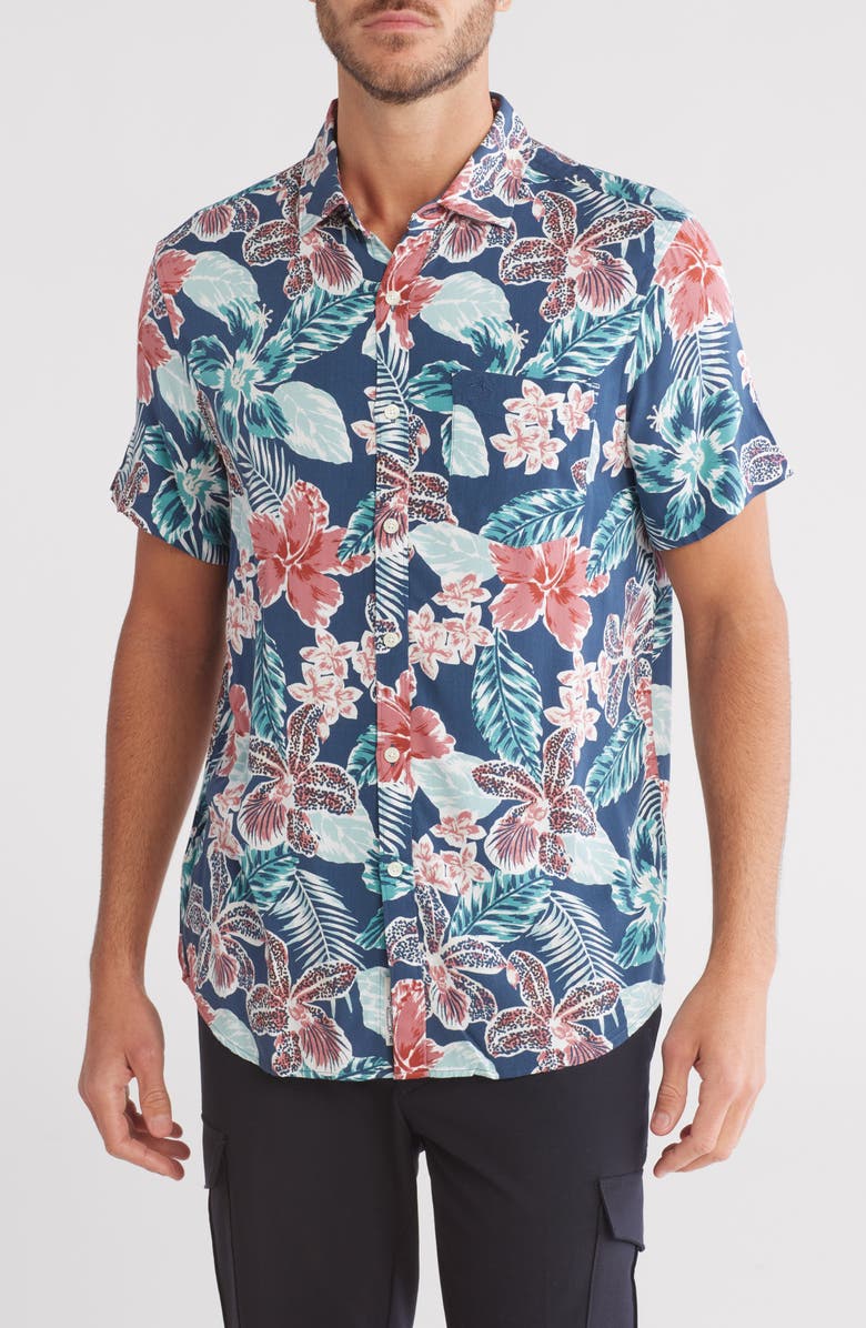 Original Penguin Floral Short Sleeve Button-Up Shirt, Main, color, Blue Wing Teal