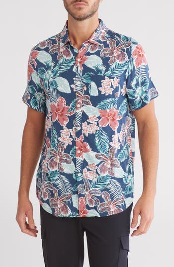 Original Penguin Floral Short Sleeve Button-up Shirt In Blue Wing Teal