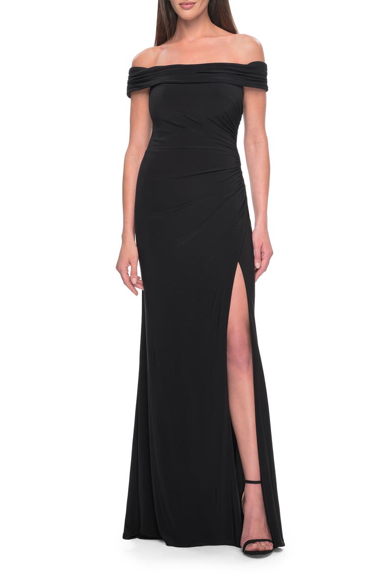 Off the Shoulder Jersey Dress with Ruching and Slit, Main, color, Black