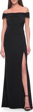 La Femme Off the Shoulder Jersey Dress with Ruching and Slit