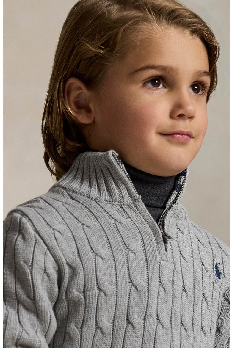 Kids' Cotton Cable Knit Quarter Zip Sweater, Alternate, color, ANDOVER HEATHER