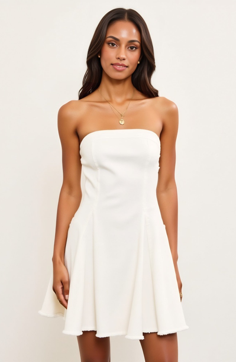 Modenaire Strapless Fit-and-Flare Mini Denim Dress with Raw Edge Hem Detail, Alternate, color, White