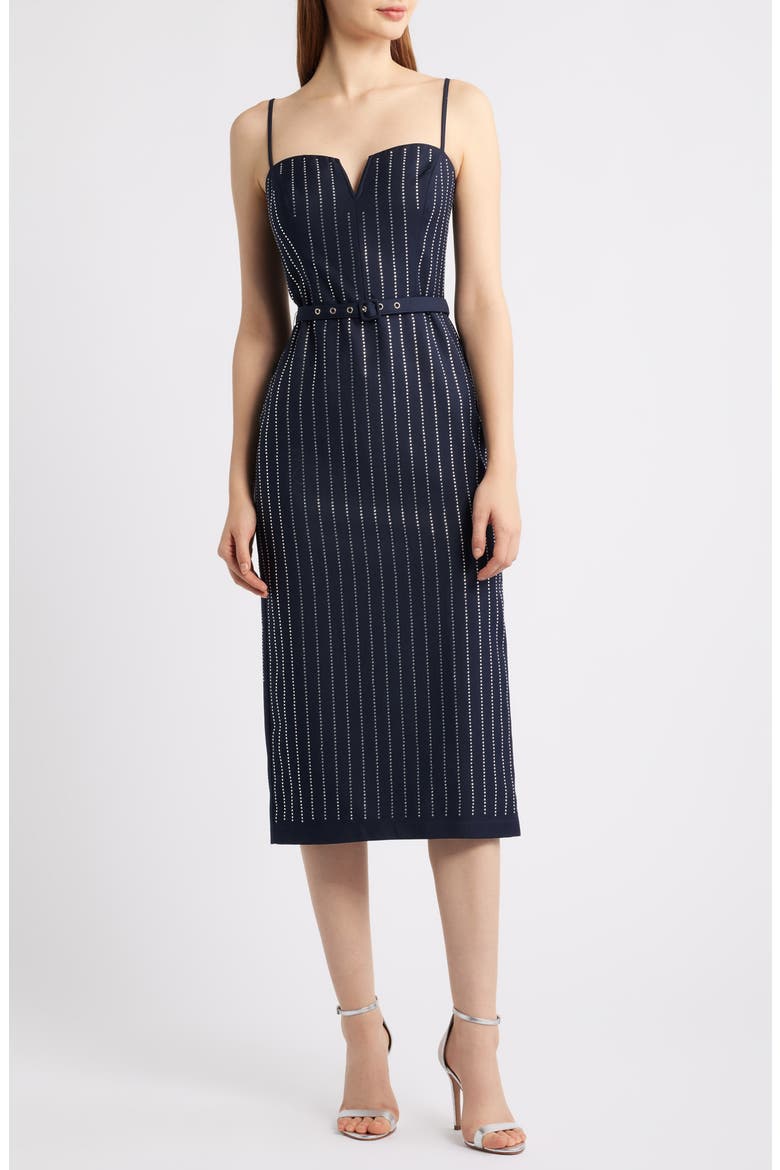 Rhinestone Stripe Midi Sheath Dress, Main, color, NAVY