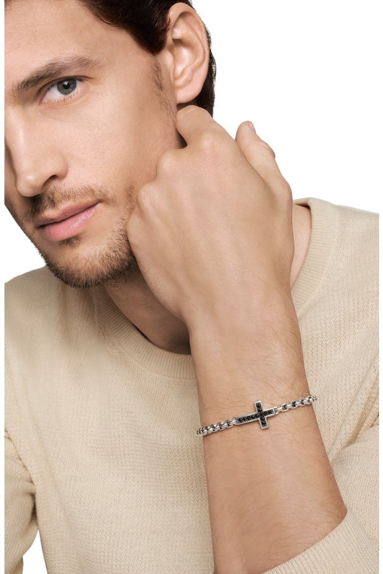 Cross Station Bracelet in Sterling Silver with Black Diamonds, Alternate, color, BLACK/ SILVER