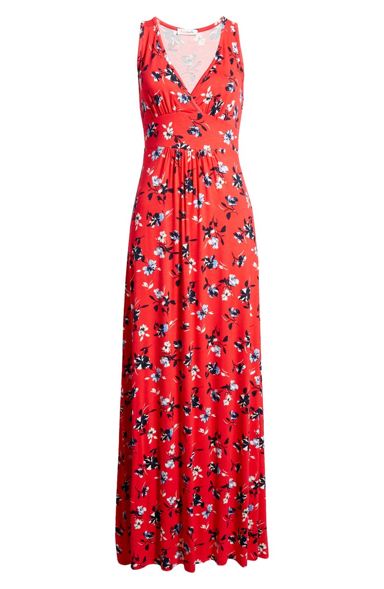 Loveappella Floral V-Neck Jersey Maxi Dress, Alternate, color, Red