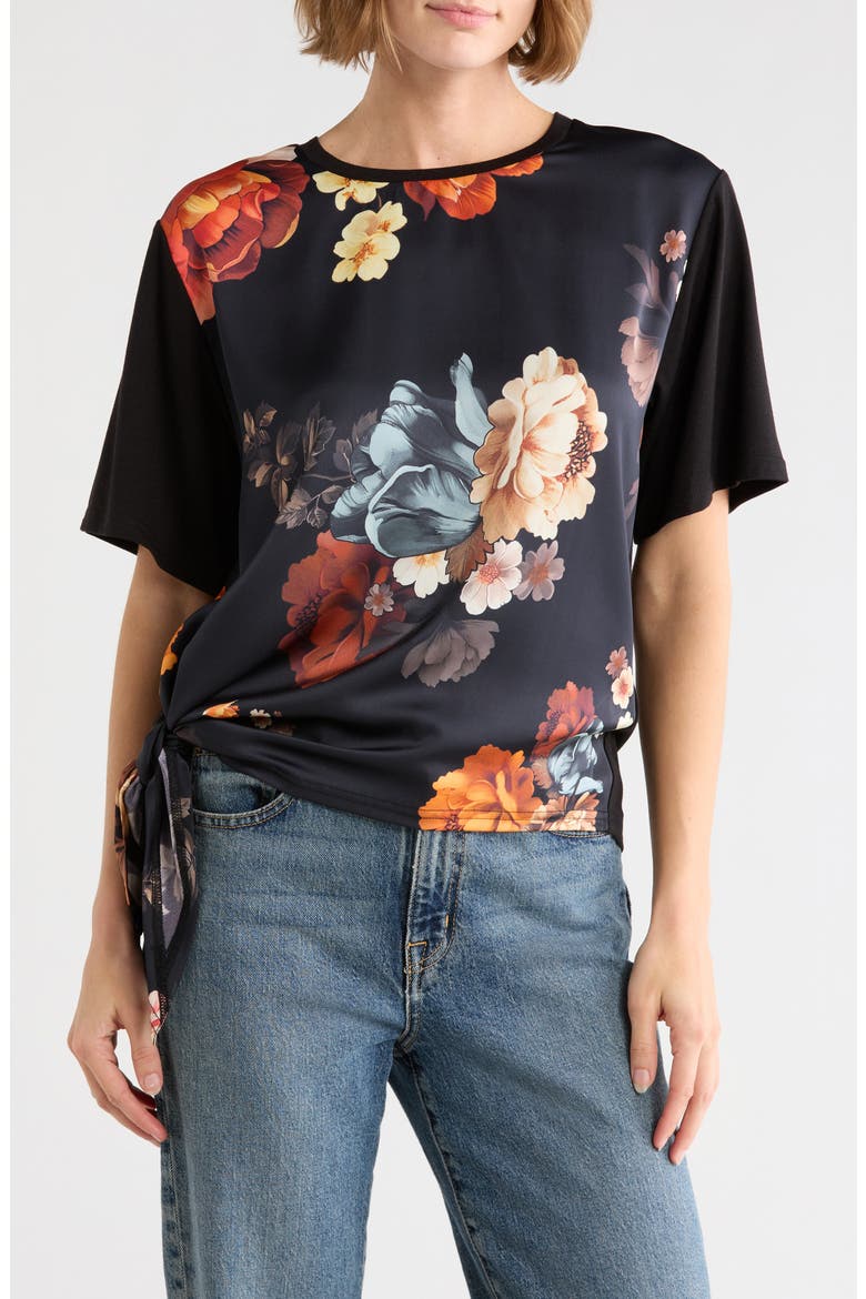 Floral Tie Hem Top, Main, color, BLACK BLOOM