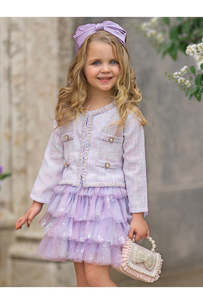 Girls Twirl In Lilacs Tweed Blazer and Tutu Skirt Set, Alternate, color, Purple