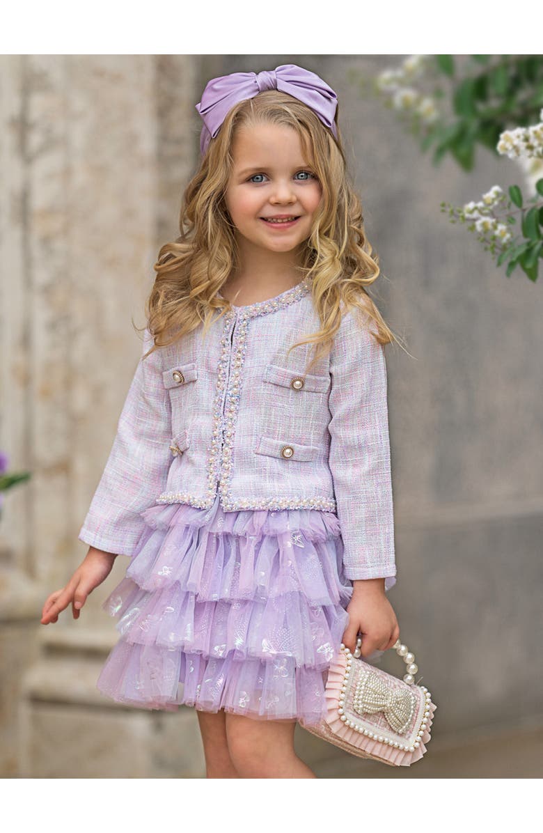 Mia Belle Girls Girls Twirl In Lilacs Tweed Blazer and Tutu Skirt Set, Alternate, color, Purple