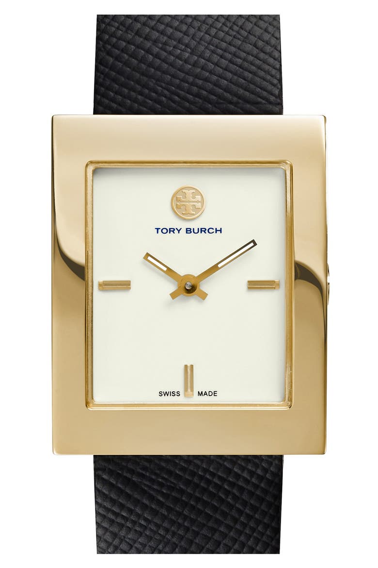 'Buddy Classic' Rectangular Saffiano Leather Strap Watch, 26mm x 32mm, Main, color, BLACK/ GOLD