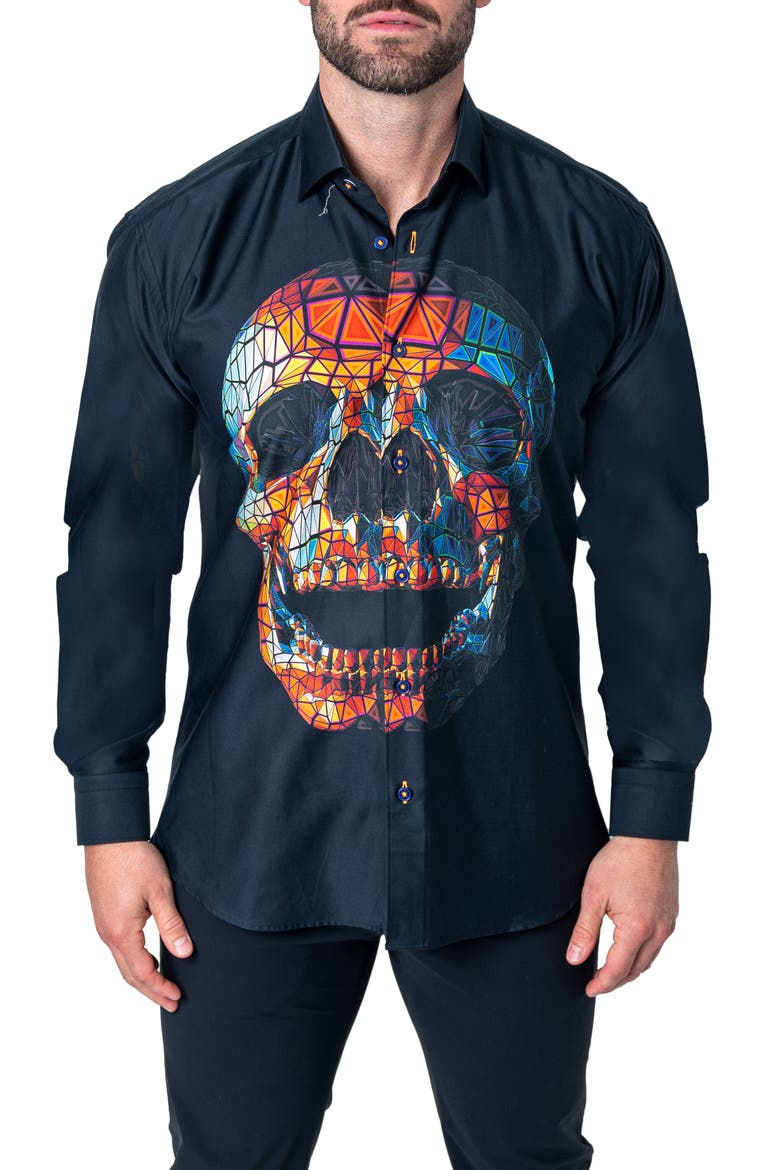 Fibonacci Skull Prizm Cotton Button-Up Shirt, Main, color, BLACK