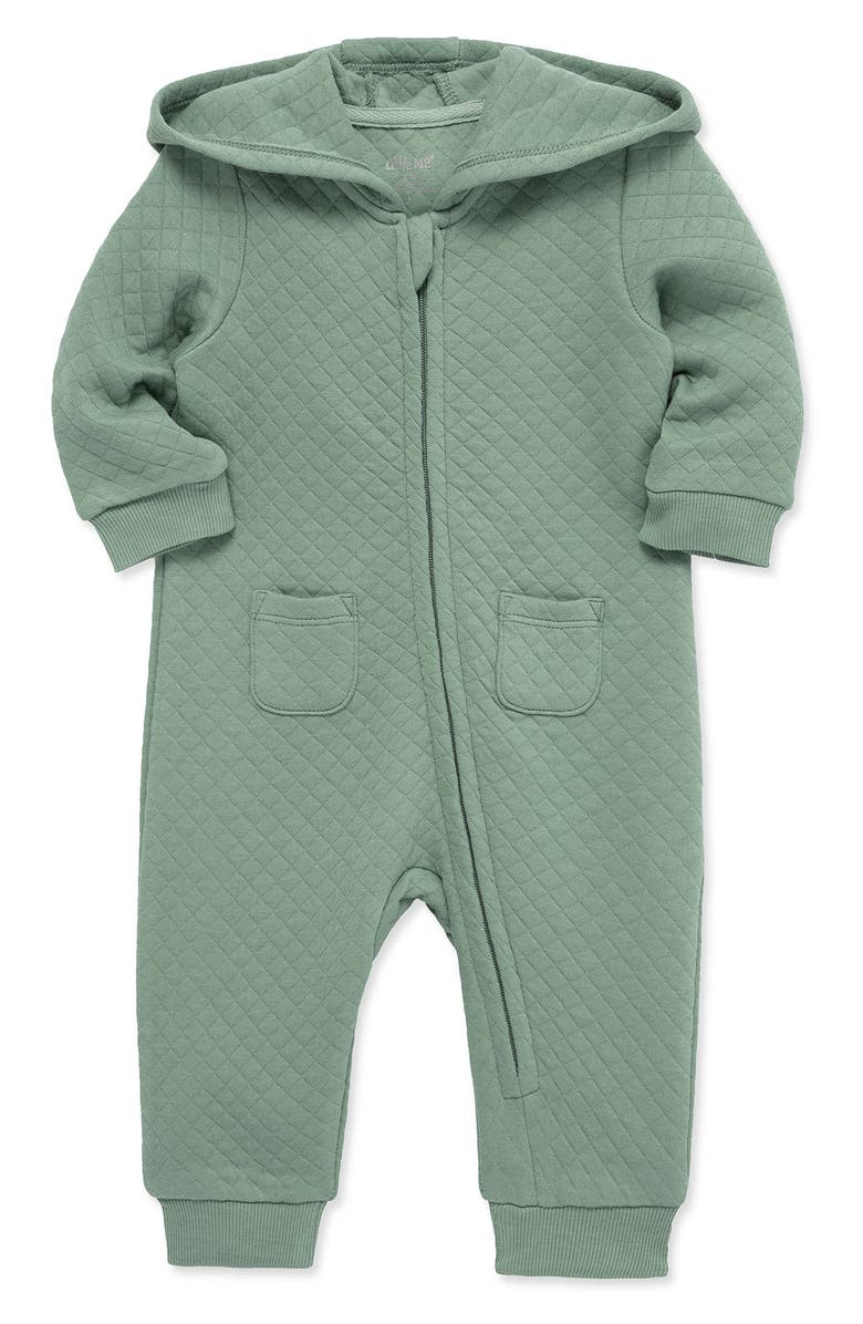 Little Me Hooded Diamond Quilted Romper, Alternate, color, Green