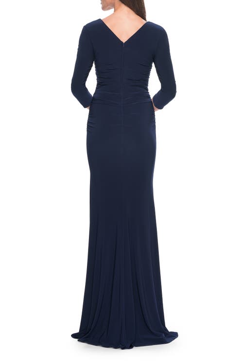 La Femme Long Jersey Evening Dress With Square Neckline And Sleeves In Navy