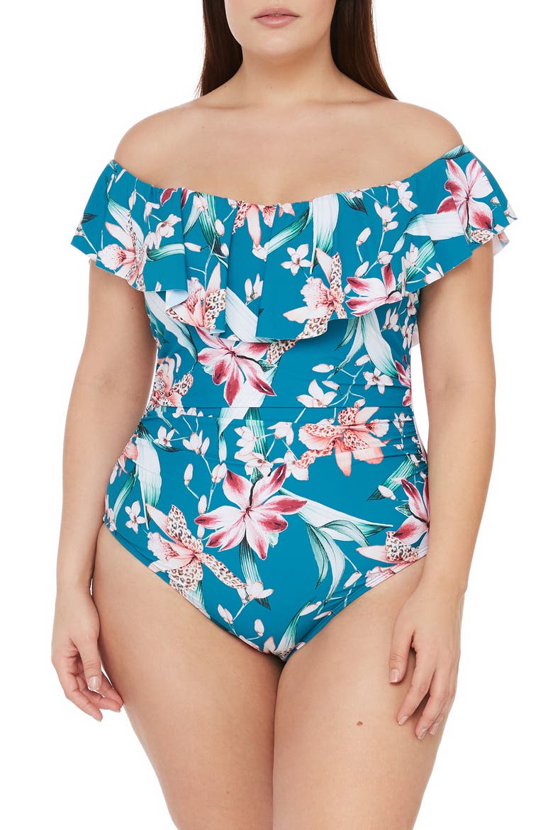Off the Shoulder One-Piece Swimsuit, Main, color, CARIBBEAN CURRENT