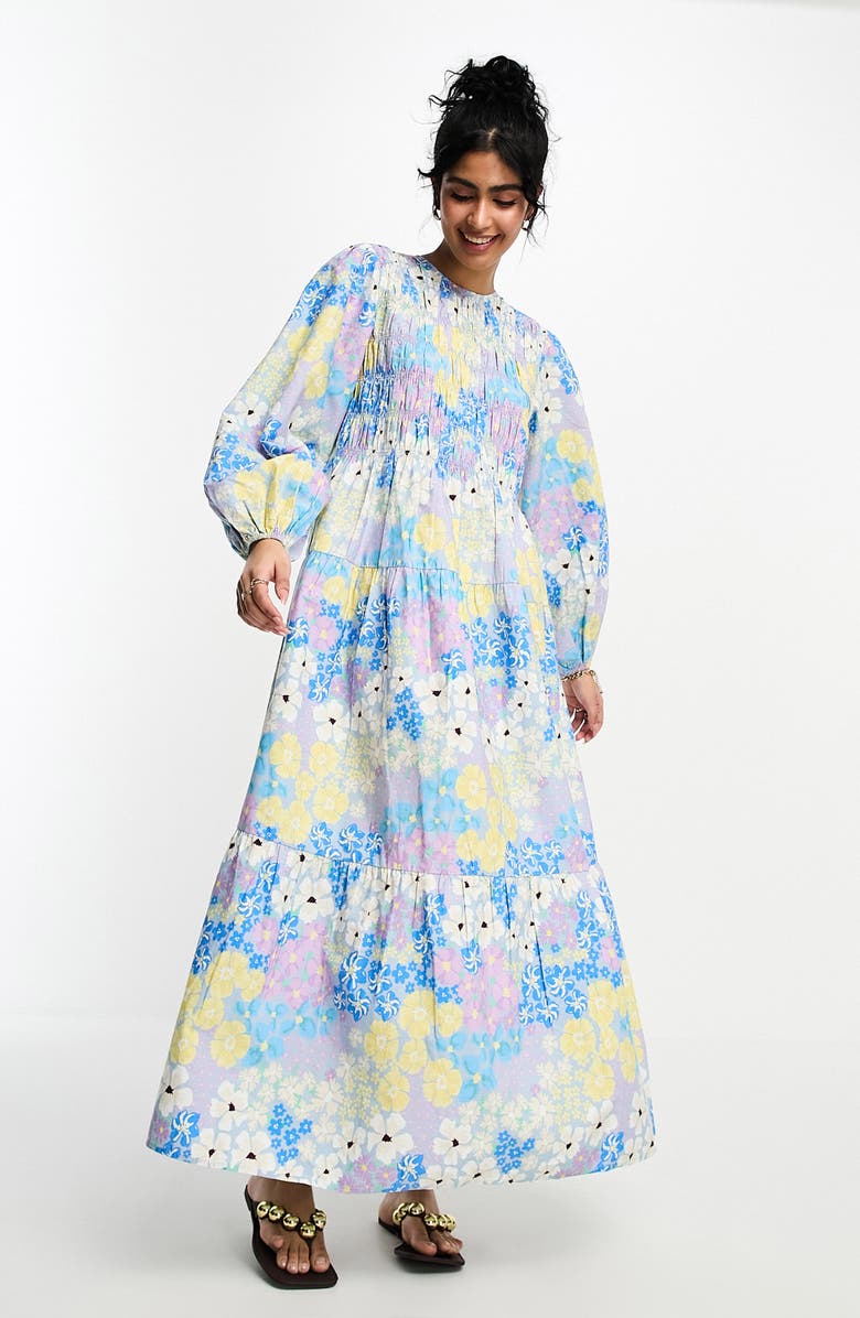 ASOS DESIGN Floral Long Sleeve Shirred Bodice Cotton Maxi Dress, Main, color, 