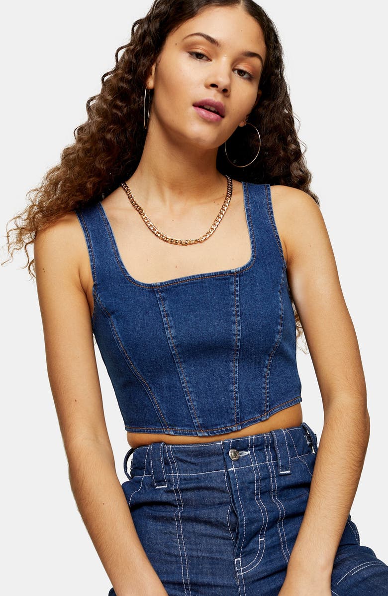 Topshop Denim Corset Crop Top, Alternate, color, 
