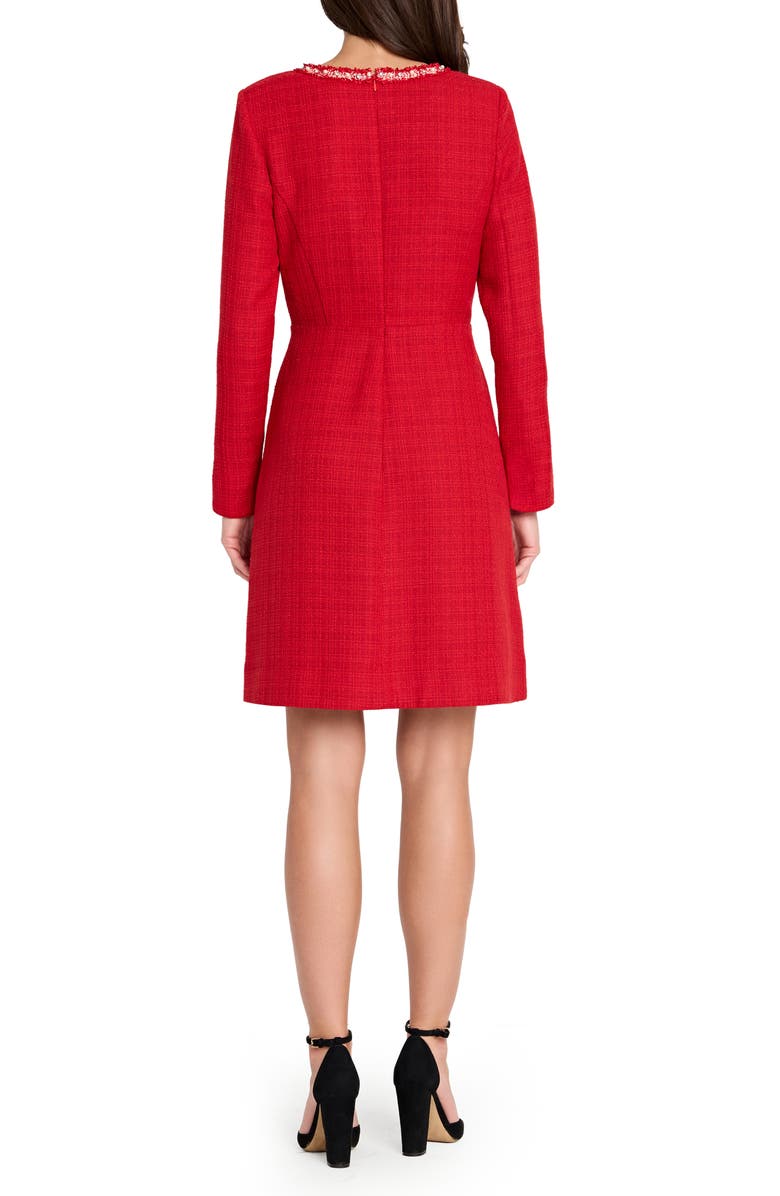 Tahari ASL Faux Pearl & Rhinestone Detail Long Sleeve Tweed Dress, Alternate, color, Sangria