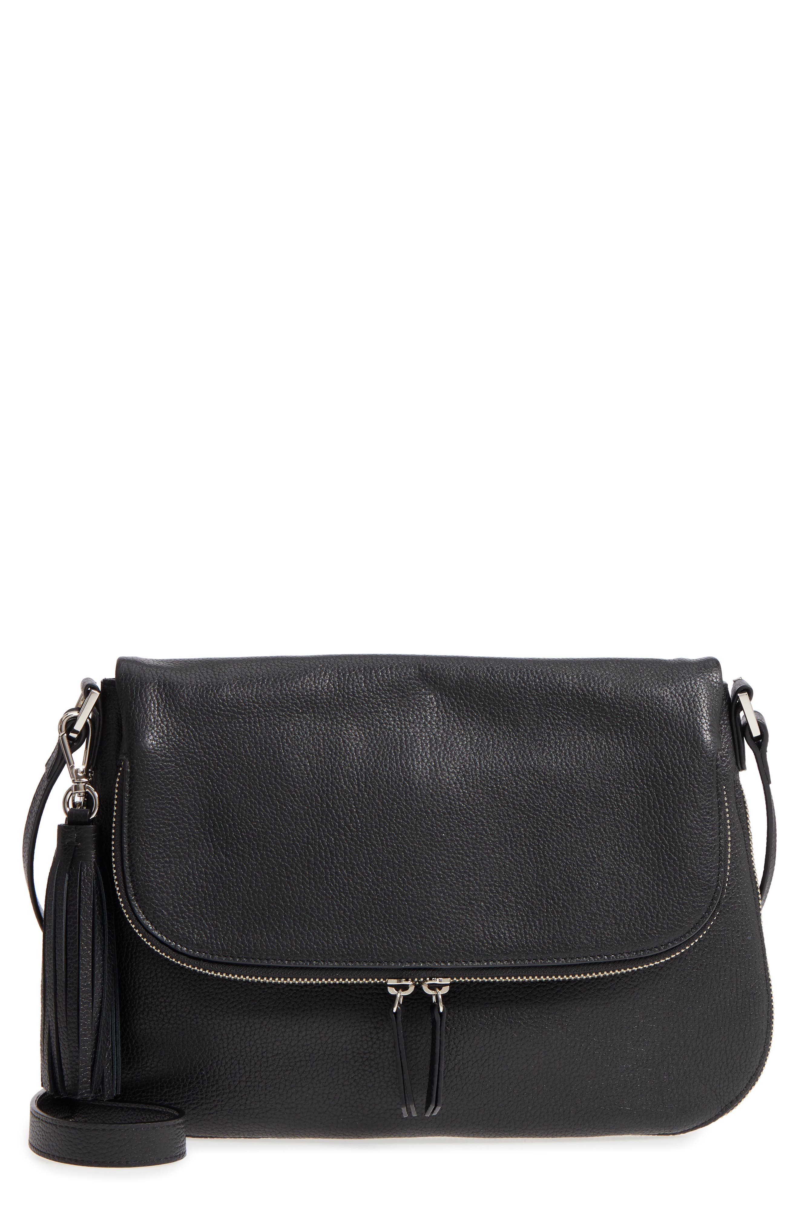 Kara Leather Expandable Crossbody Bag, Main, color, BLACK
