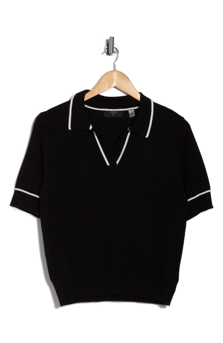T Tahari Tipped Johnny Collar Polo Sweater, Main, color, Black/ White