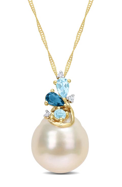 South Sea Cultured Pearl, Blue Topaz & Diamond Pendant Necklace
