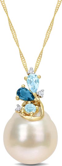South Sea Cultured Pearl, Blue Topaz & Diamond Pendant Necklace