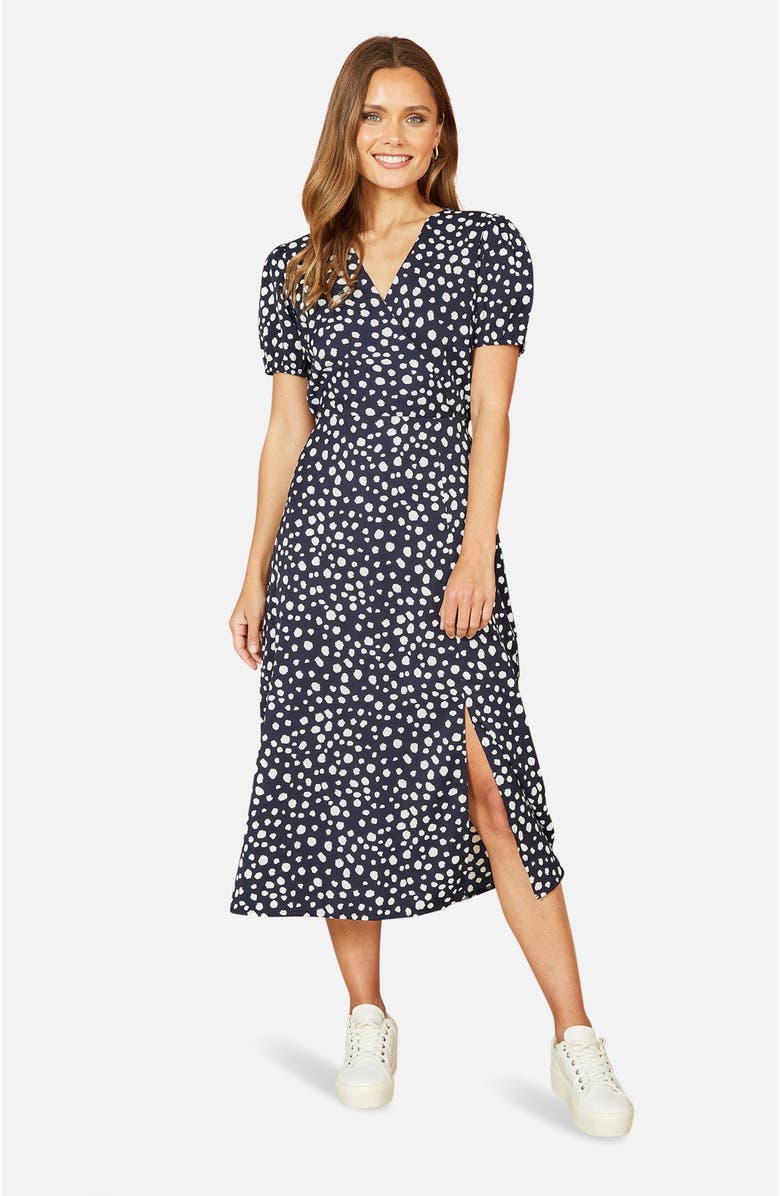Yumi Spot Midi Tea Dress, Main, color, Navy