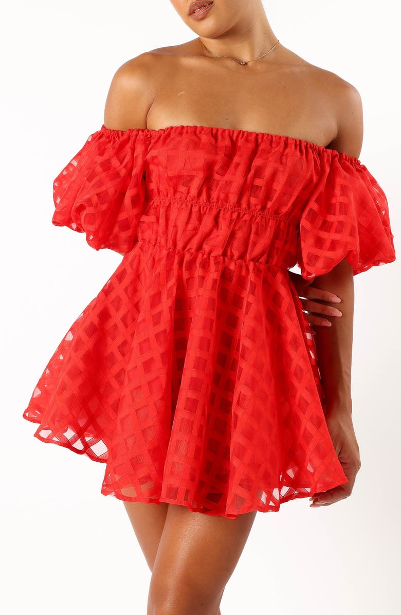 Petal & Pup Philia Check Off the Shoulder Minidress, Alternate, color, Red