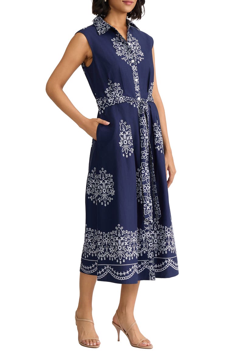 Jones New York Placed Print Sleeveless Stretch Cotton Midi Shirtdress, Alternate, color, Pacific Navy Multi