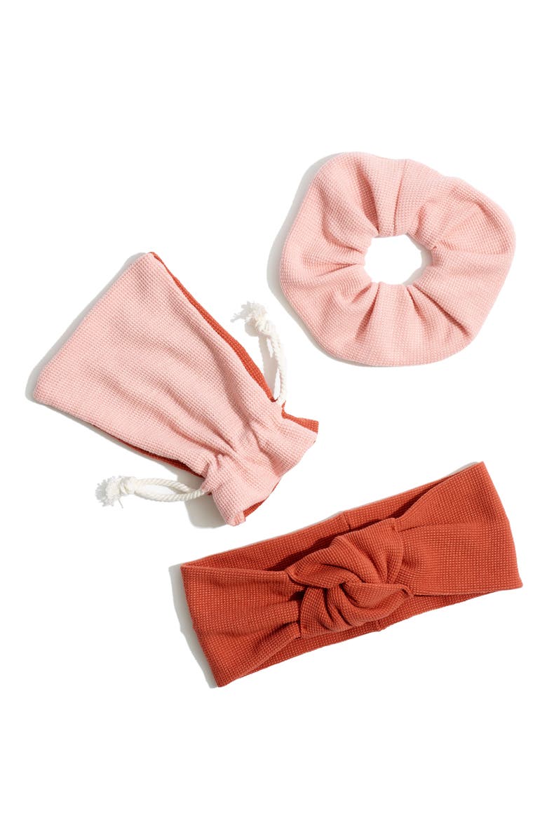 Madewell Waffle Knit Home Spa Hair Head Wrap & Scrunchie Set, Main, color, Faraway Pink
