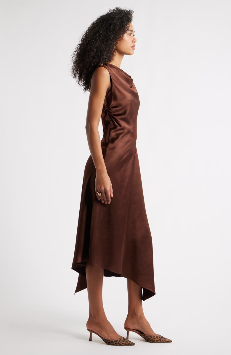 Open Edit Cowl Neck Asymmetric Satin Midi Dress, Alternate, color, Brown Soil