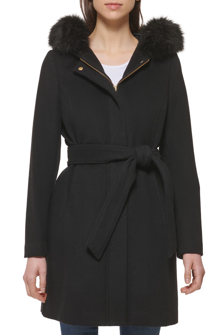 Faux Fur Trim Wool Blend Jacket, Main, color, BLACK