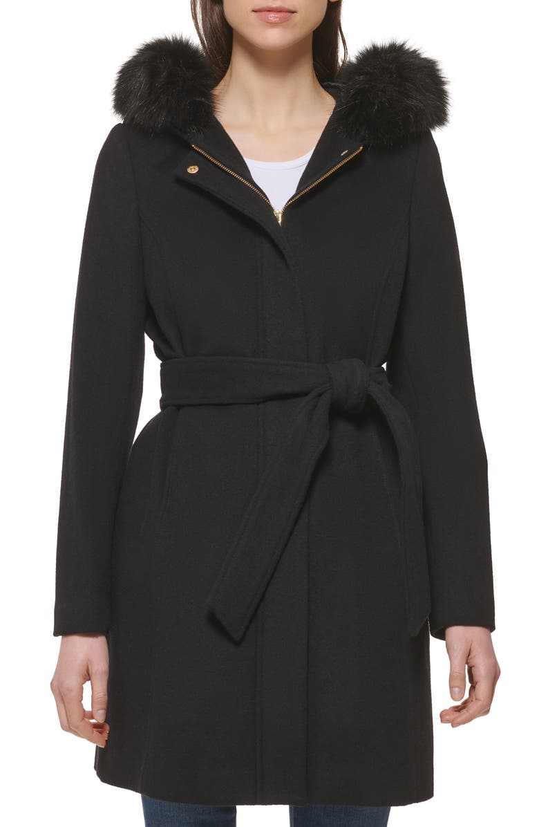 Cole Haan Faux Fur Trim Wool Blend Jacket, Main, color, 