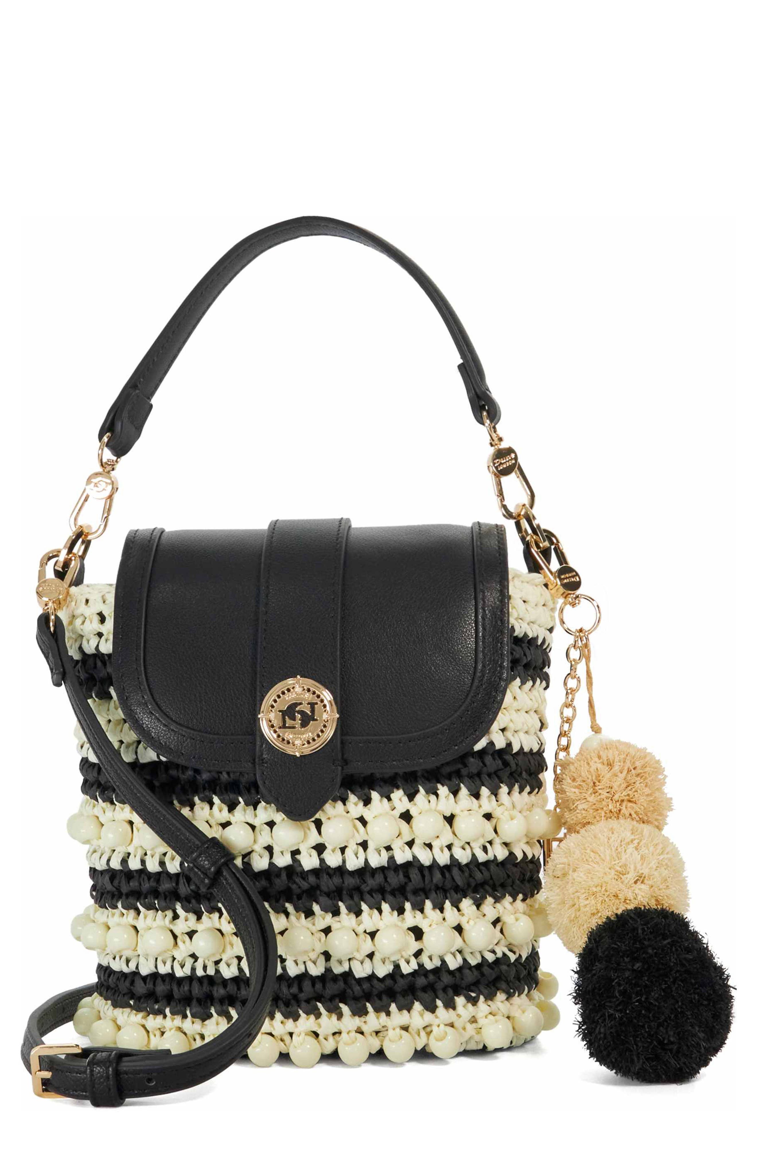 Dune London Dimple Raffia Handbag, Main, color, Black/ White