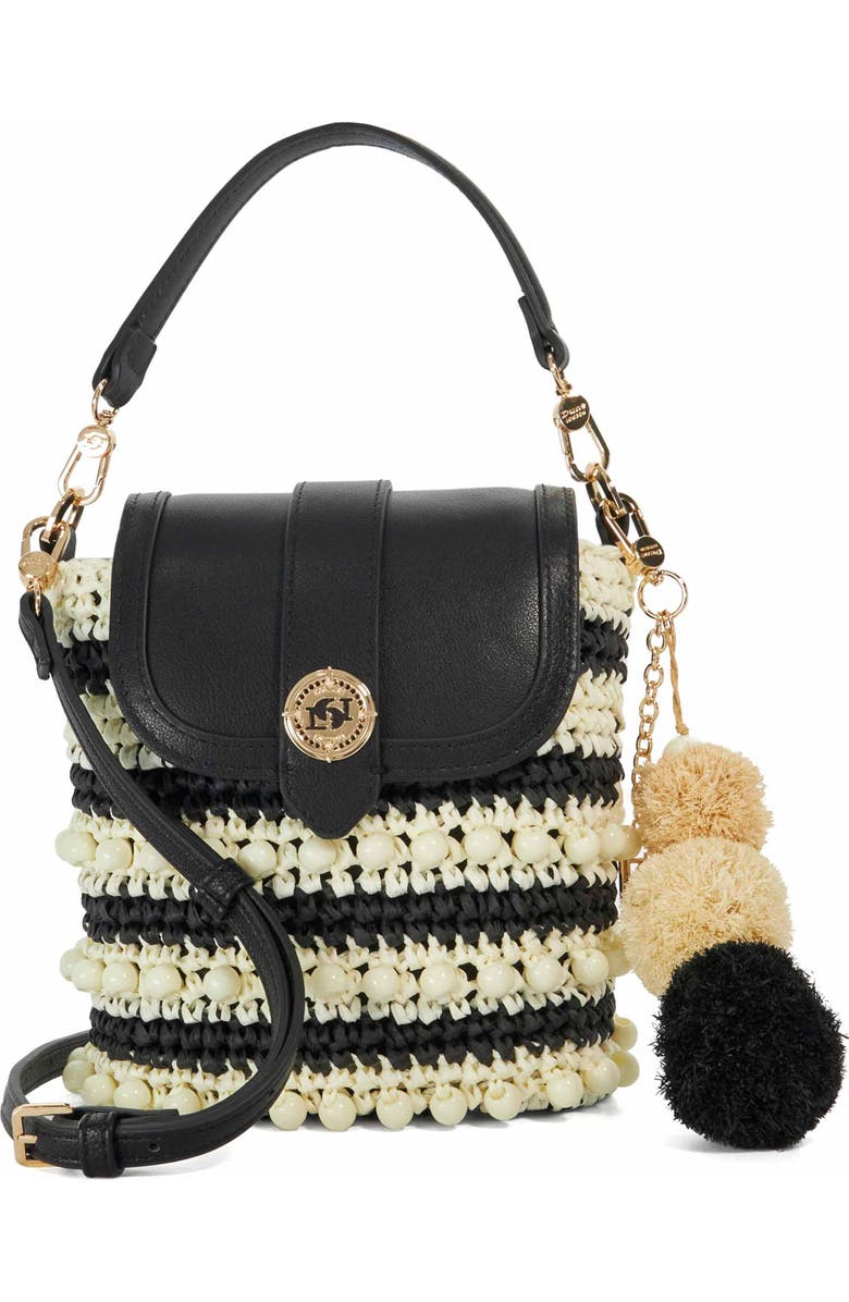 Dune London Dimple Raffia Handbag, Main, color, Black/ White