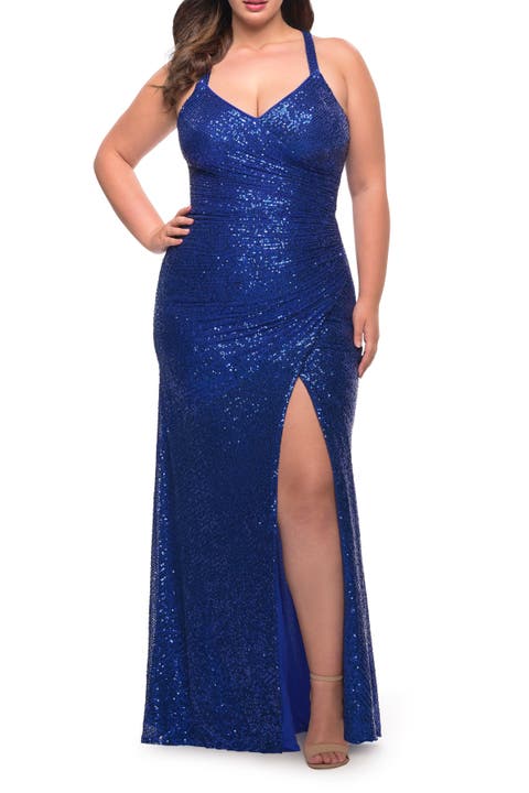 Sequin Long Plus Gown with V-Neck and Slit